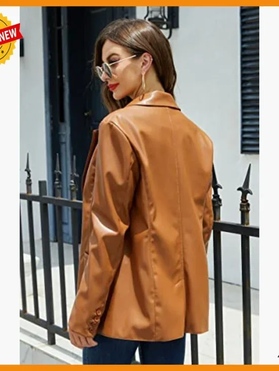 Faux Leather Blazer Jacket Lapel Button Down Coat Women's Regular Fit - Picture 2 of 7